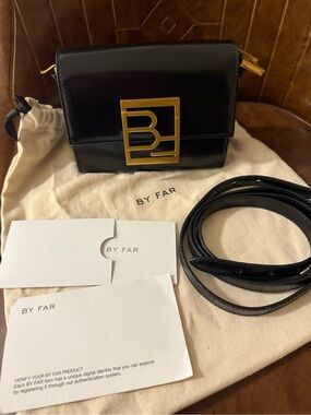 BY FAR Black Patent Mini Crossbody with Gold Monogram